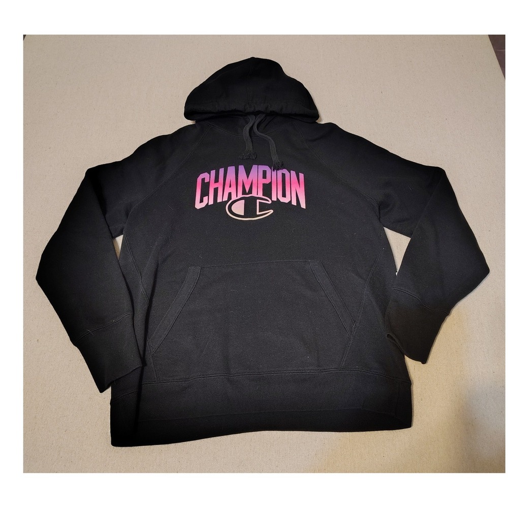 Champion Hoodie Black Pink Purple Gradient Logo Pullover Hoodie Size L 15